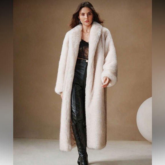 3 LEFT 🔥 Luxury Long Faux Fur Coat Winter Jacket Vintage Old Money Style cream - Picture 8 of 17
